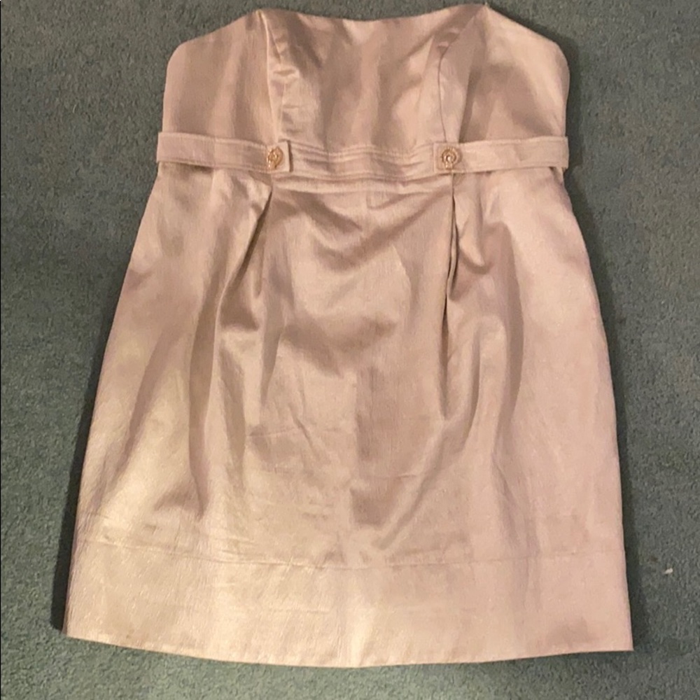 David’s Bridal Shimmery Gold-Cream Strapless Midi
